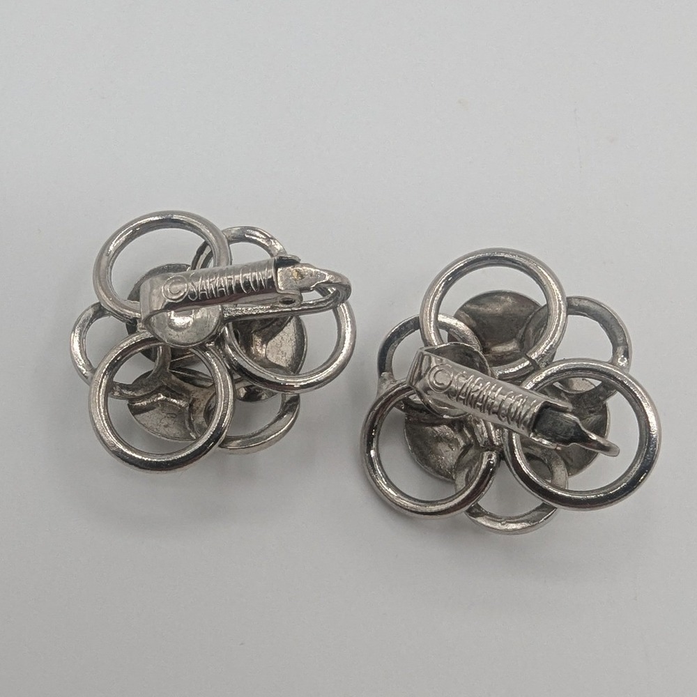 Sarah Coventry Vintage Silver Tone Floral Clip On Earrings Signed Textured MCM - Picture 2 of 5